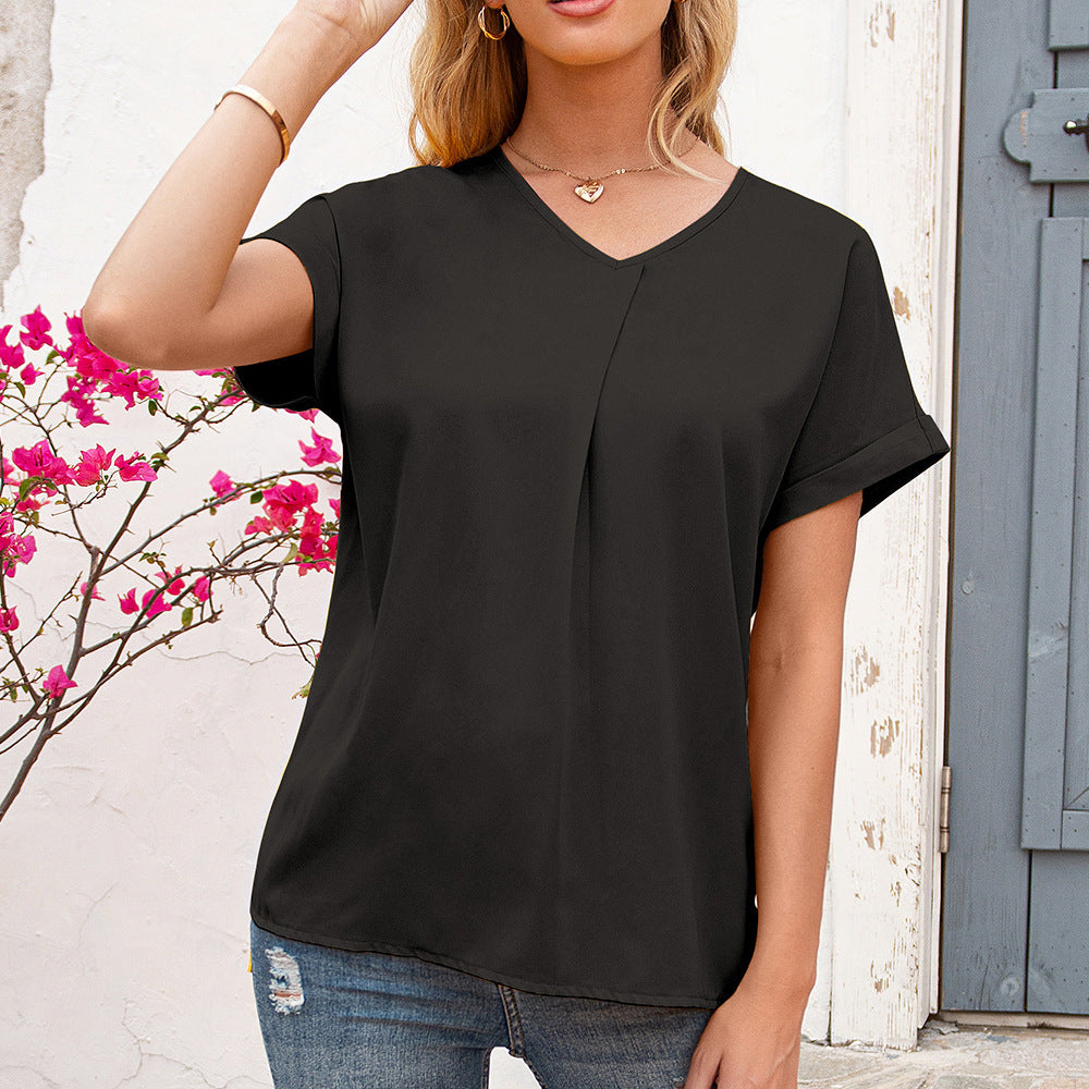 Spring Summer Women Clothing Short Sleeve Casual V neck Shirt Pleated Shirt for Women