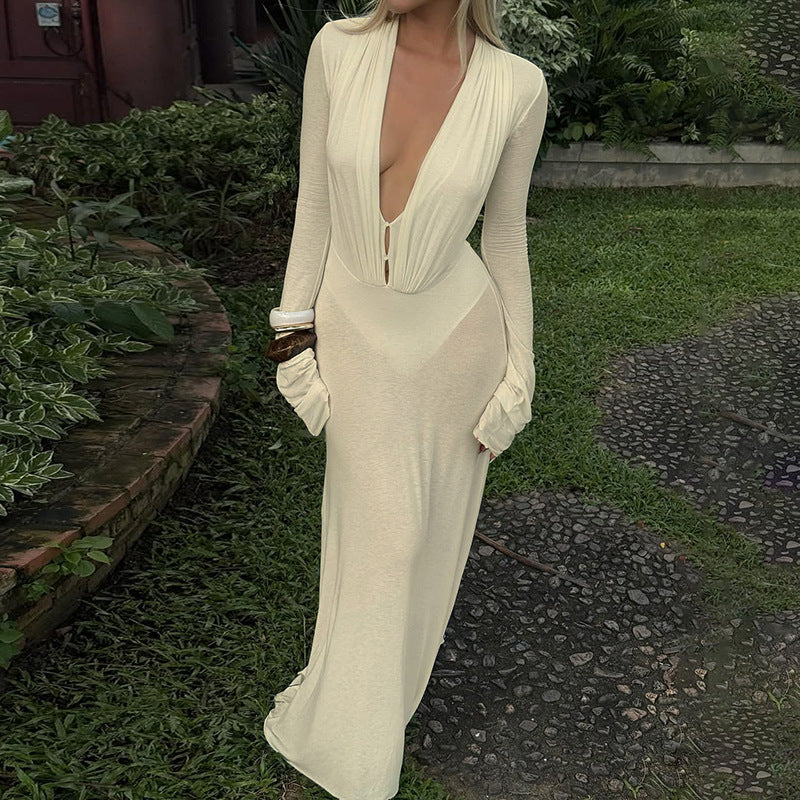 Women Clothing Sexy Solid Color Deep V Plunge neck Buttons Slim Fit High Waist Long Sleeves Dress Women