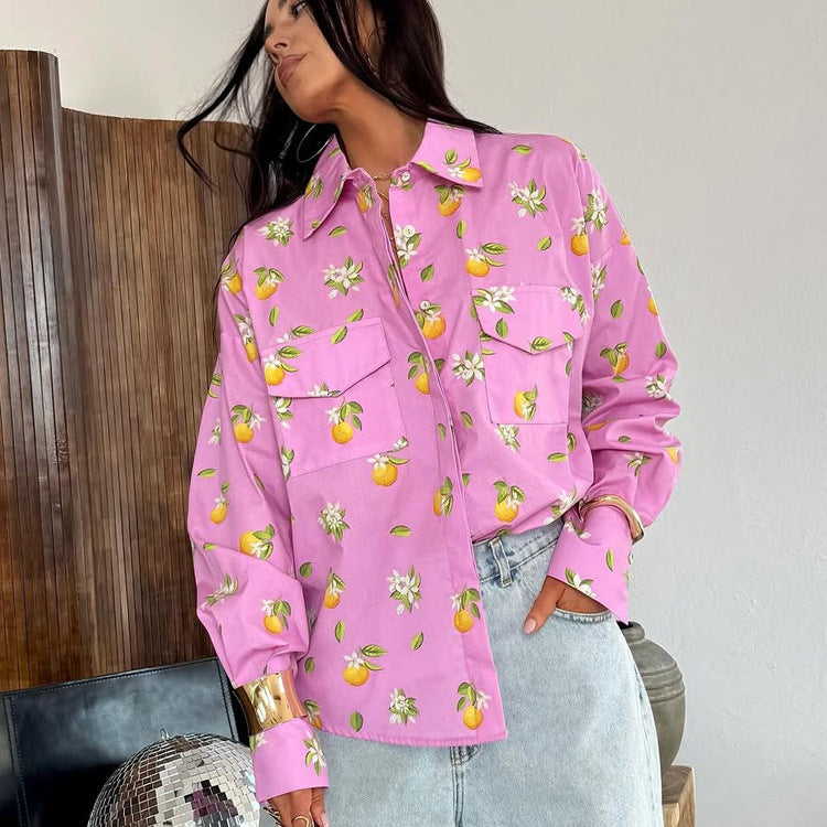 Digital Printing Casual Women Shirt Spring Autumn Polo Collar Long Sleeve All Matching Cardigan Top