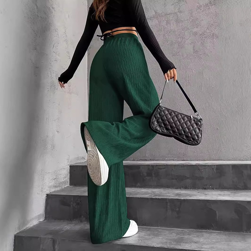 Spring Autumn Solid Color French Elastic Waist Thin Striped Road Comfortable Drawstring High Waist Drooping Wide Leg Casual Pants