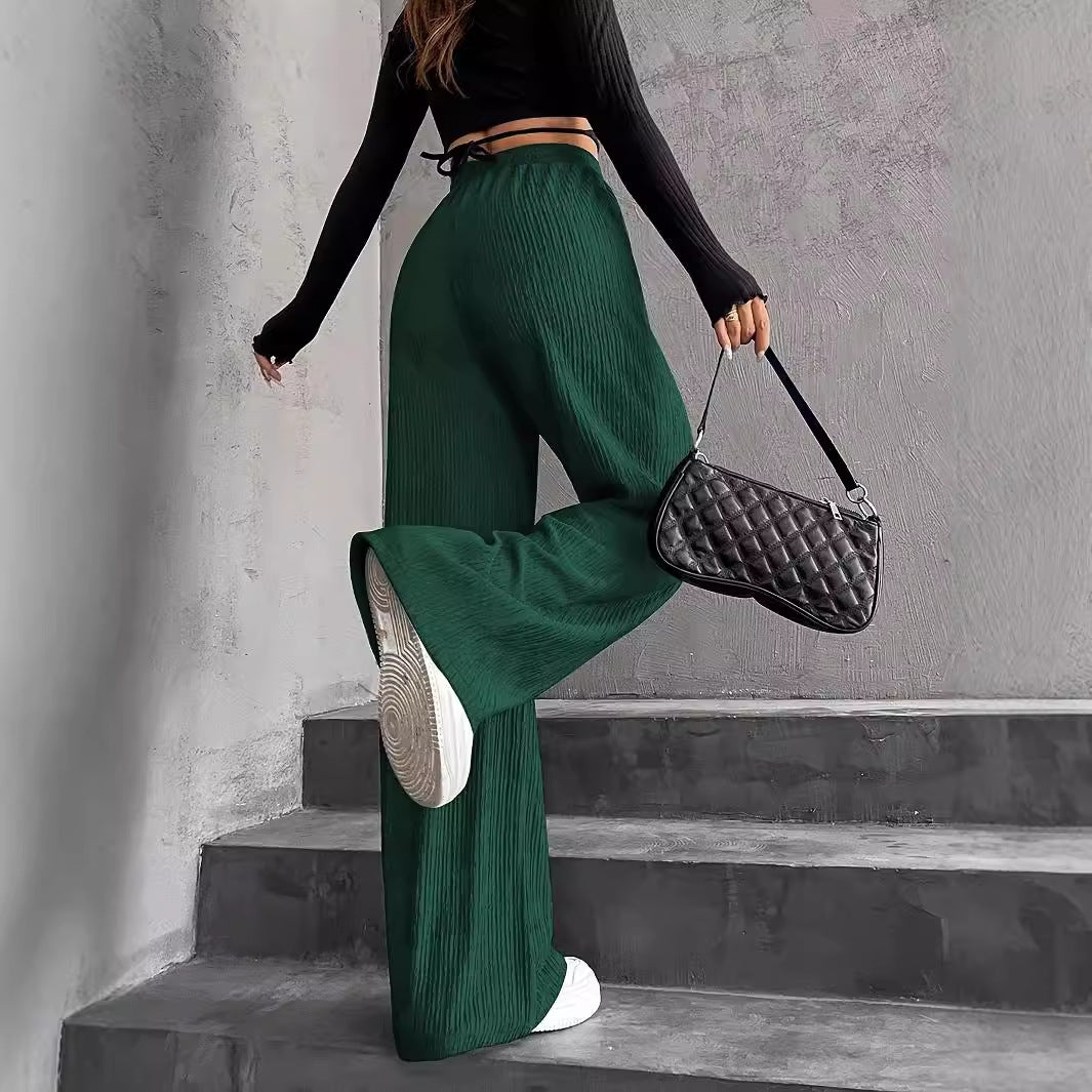 Spring Autumn Solid Color French Elastic Waist Thin Striped Road Comfortable Drawstring High Waist Drooping Wide Leg Casual Pants