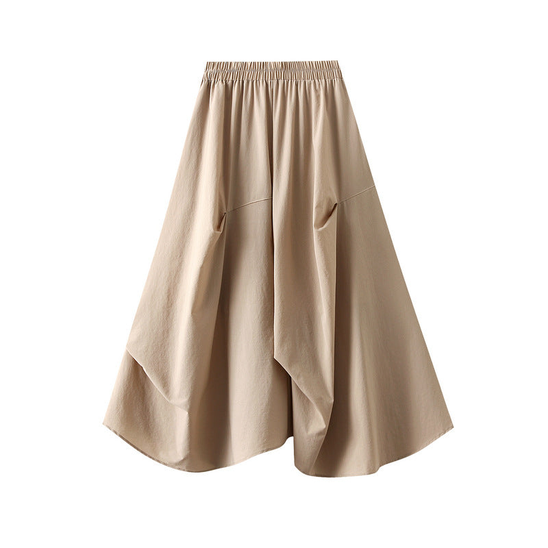 Irregular Asymmetric Pleated Mid Length Umbrella Skirt High Waist Elastic Waist Skirt Spring Summer Skirt