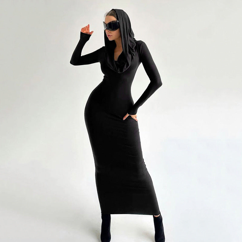 Women Solid Color Hooded Long Sleeve Dress Party Sexy Dress