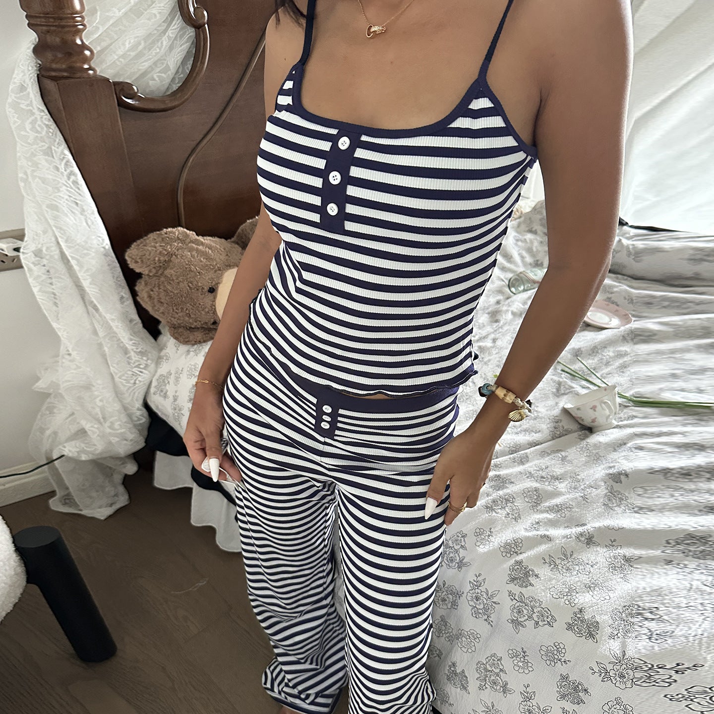 Casual Homewear Striped Contrast Color Breasted Sling Top Trousers Pajamas Two Piece Set for Women