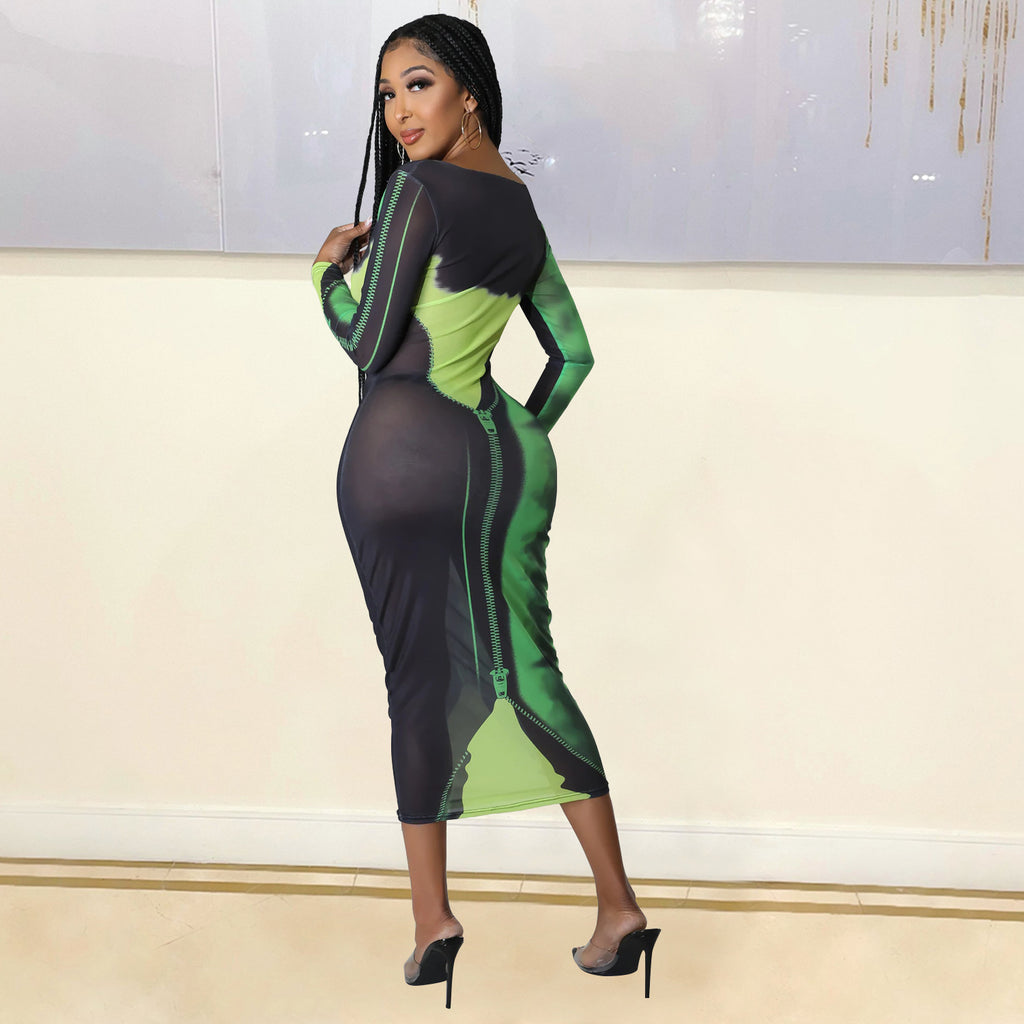 Summer Women Clothing Sexy Mesh Floral Print Long Sleeve Mid-Length Women Dress