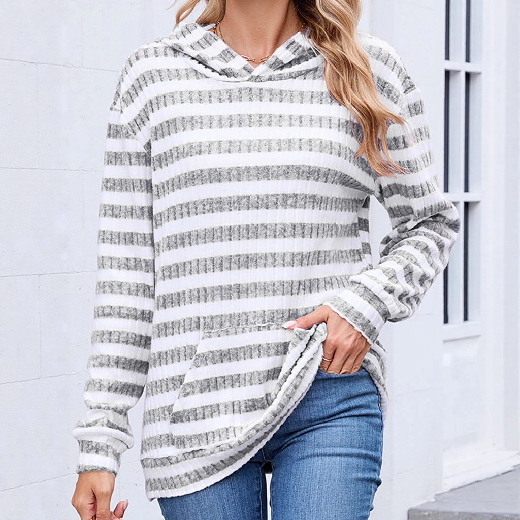 Fall Winter Striped Hooded Top Pocket Loose Long Sleeve Sweatershirt Women