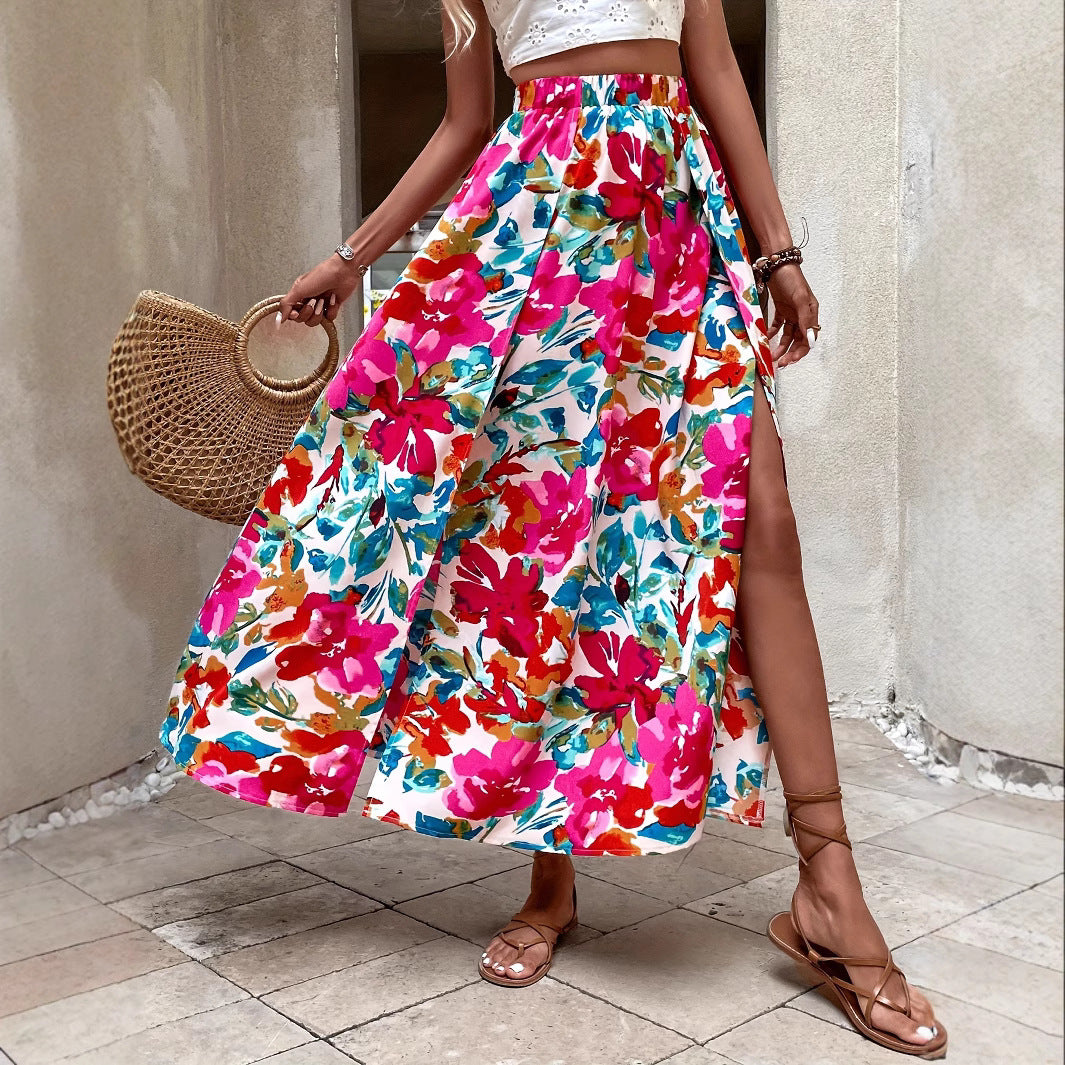 Summer Printing Elastic Waist Front Slit Long Ladies Casual Skirt