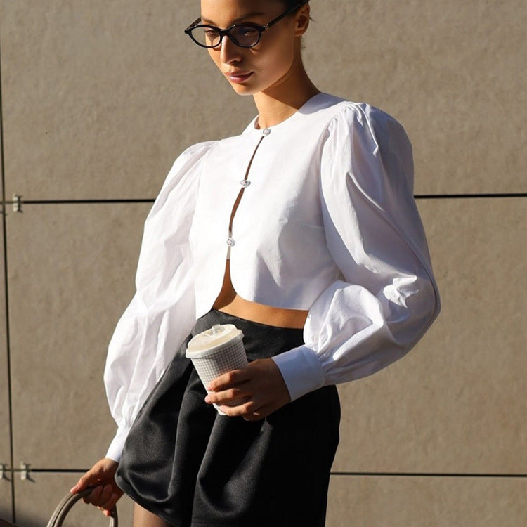 Simple Niche Design Cotton Women Shirt round Neck Long Sleeve All Matching Short Cardigan Top