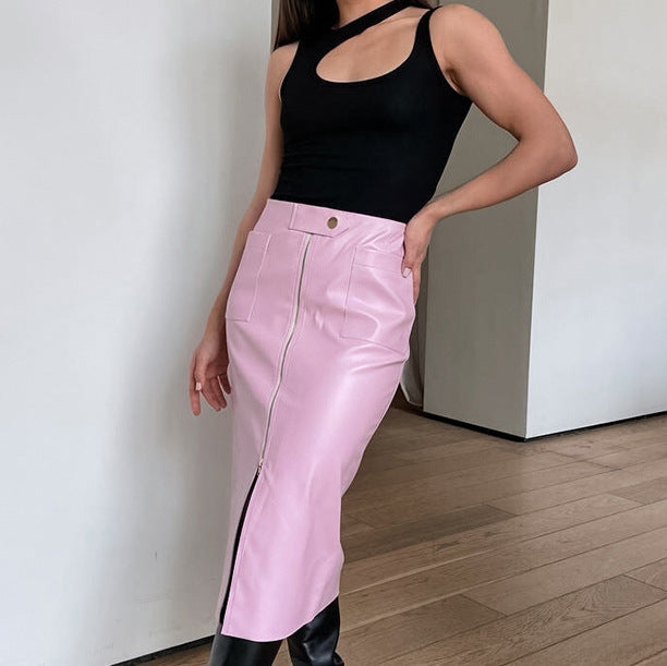 Jupe mi-longue fendue en cuir mat style rétro automne-hiver