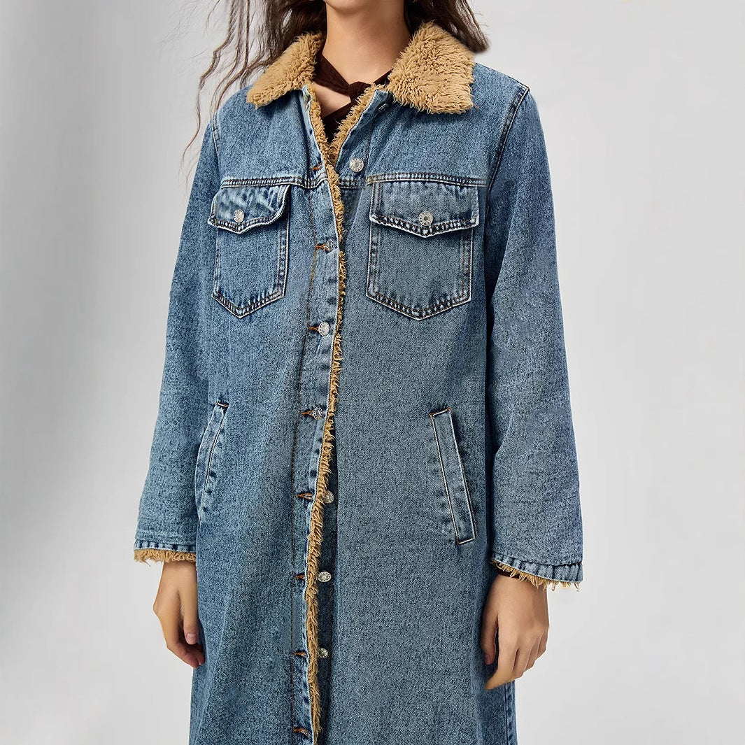 Women Clothing Loose Long Velvet Lining Cotton Padded Coat Denim Coat
