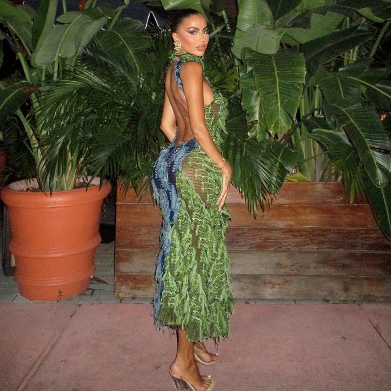 Ropa de otoño para mujer, sexy, cuello alto, sin mangas, con borlas, transparente, cintura alta, ajustada