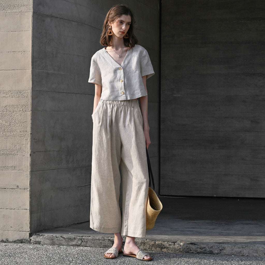 Pure Linen Casual Pants Women Summer Comfort Breathable Trousers Casual Elastic Waist Straight Leg Pants