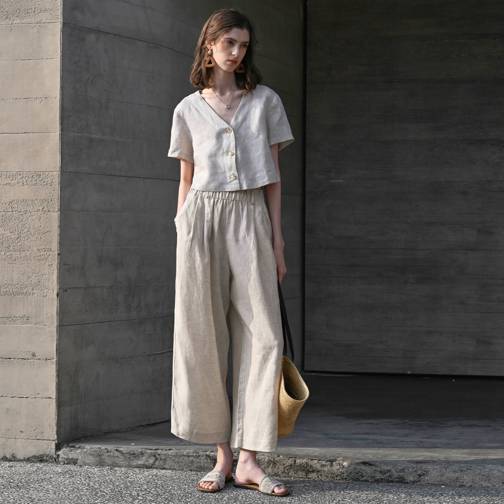 Pure Linen Casual Pants Women Summer Comfort Breathable Trousers Casual Elastic Waist Straight Leg Pants