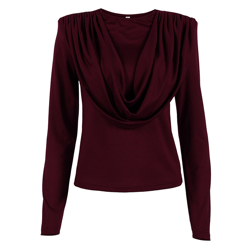Pleated Waist Tight Swing Collar Long Sleeved T shirt Women Autumn Winter Beautiful Bottoming Top