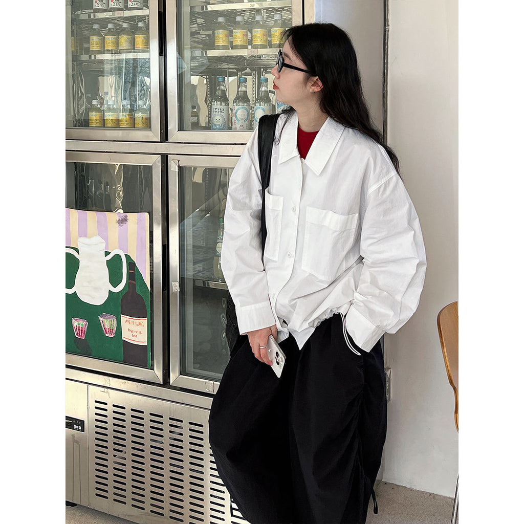 Elegant Double Pocket Polo Collar Casual Shirt Women Spring All Matching Bandage Dress Shirt