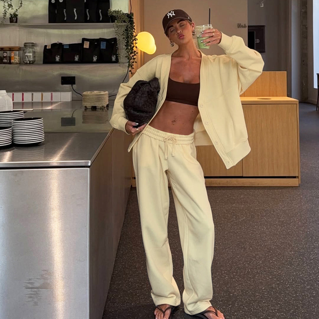 Autumn Button Cardigan Coat High Waist Solid Color Loose Trousers Idle Set