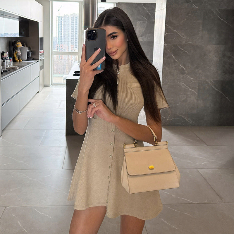 Women Clothing Solid Color Classic Knitted Dress round Neck Single Breasted Short Sleeve Waist A line