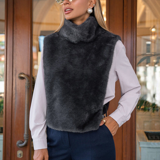 Women Clothing Autumn Winter Solid Color Half Collar Furry Waistcoat Sleeveless Top Vest