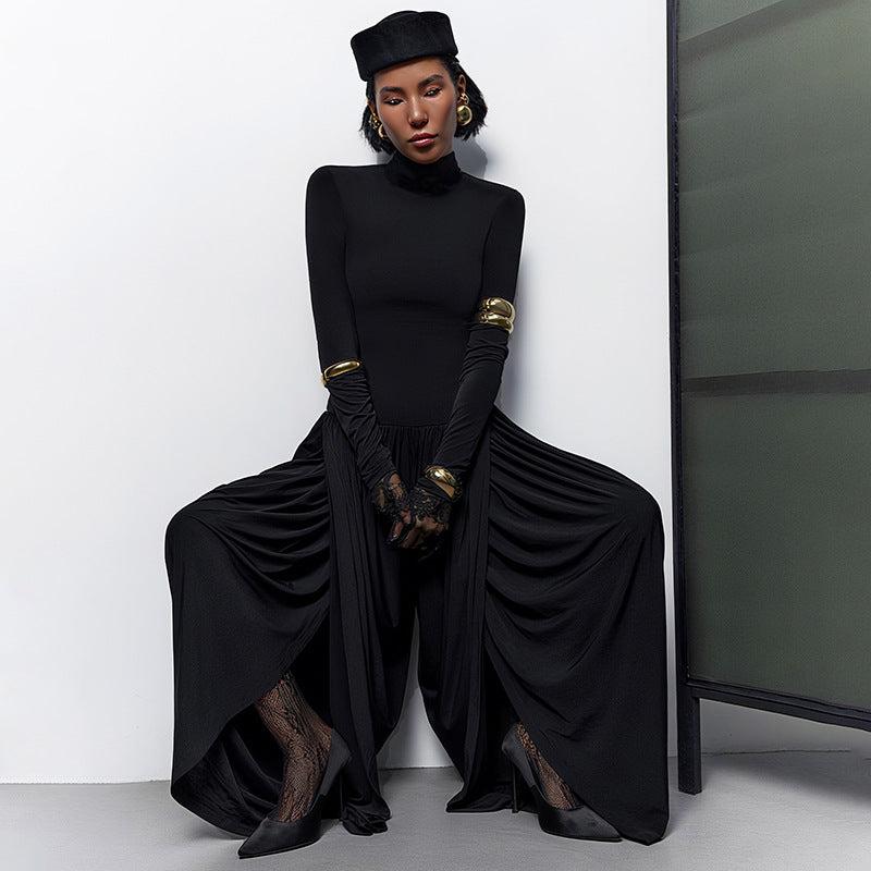 Fall Women Clothing Slim Fitting Cool Turtleneck Solid Color Long Sleeve Pleated High Waist One Piece Trousers Women