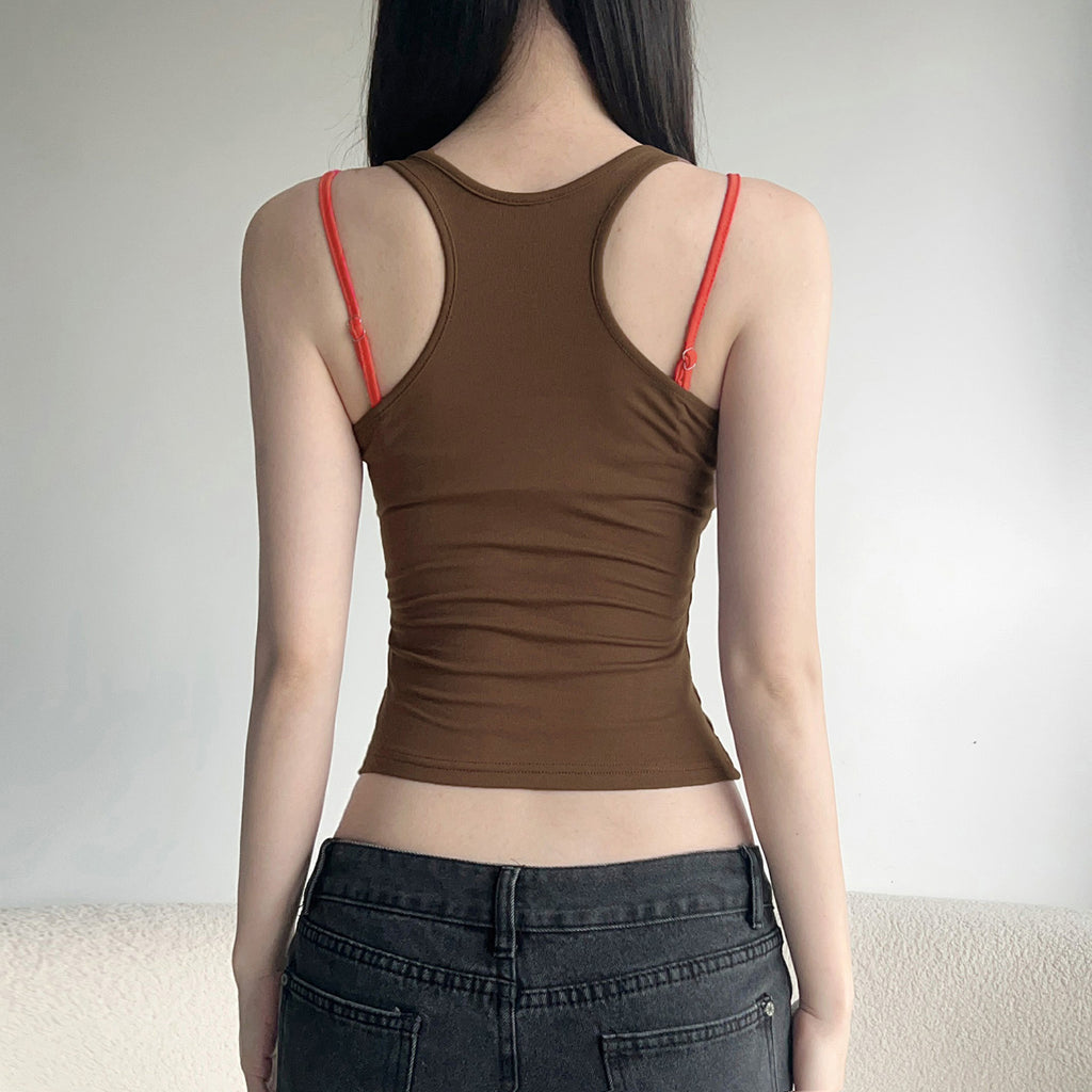 Street Casual Two Piece Set Contrast Color Bandage Dress Vest Sexy I Shaped Outer Wear Underwear Sling Top