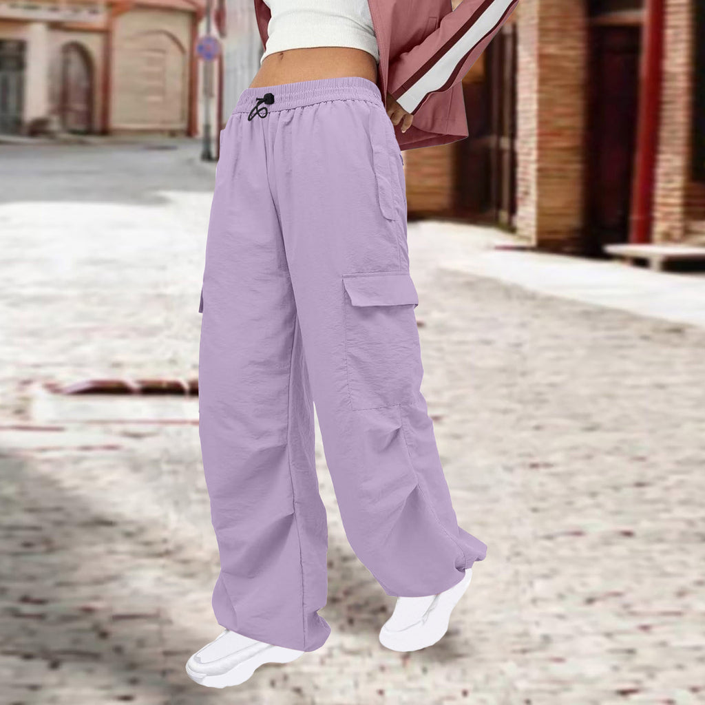 Women Clothing Solid Color Nylon Multi Pocket Loose Cargo Pants