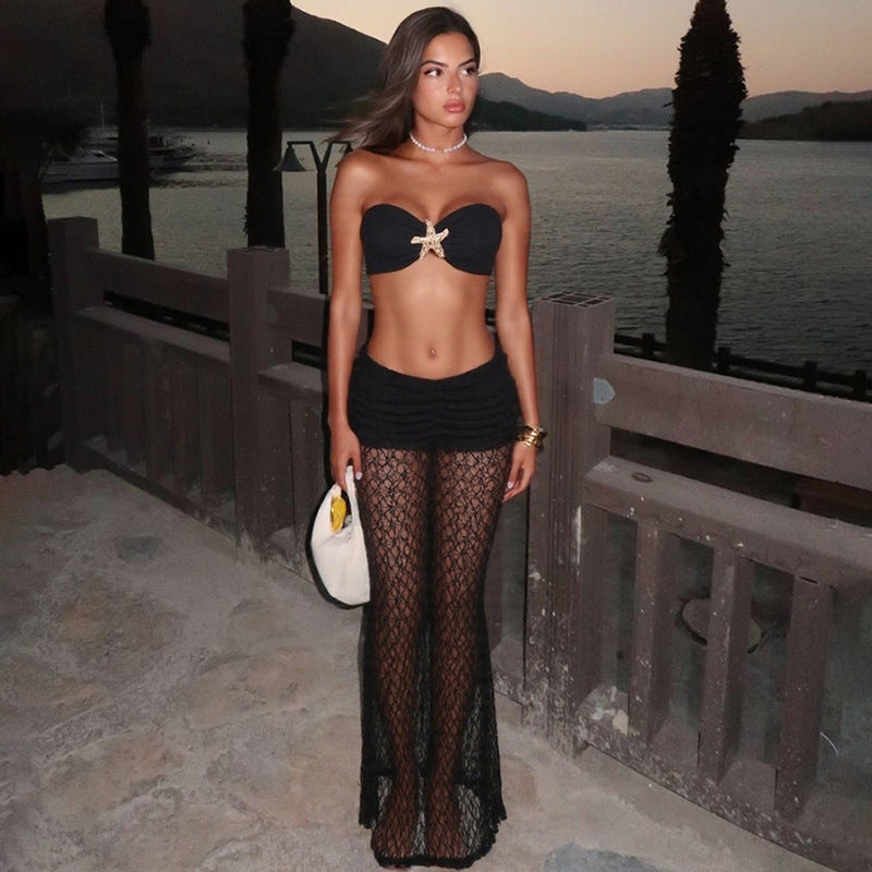 Summer Women Clothing Solid Color Sexy Lace up Tube Top Lace Maxi Skirt Two Piece Set for Women