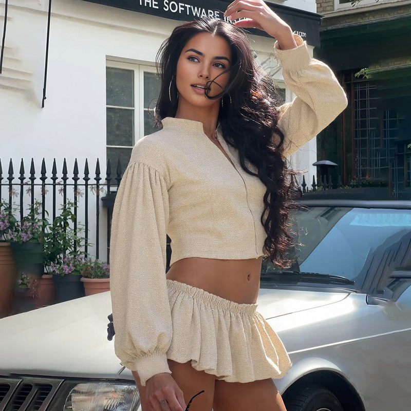 Women Clothing Autumn Personalized Stand up Collar Slim Fit Zipper Coat Sexy Hip Wrapped Pants Skirt Set for Women