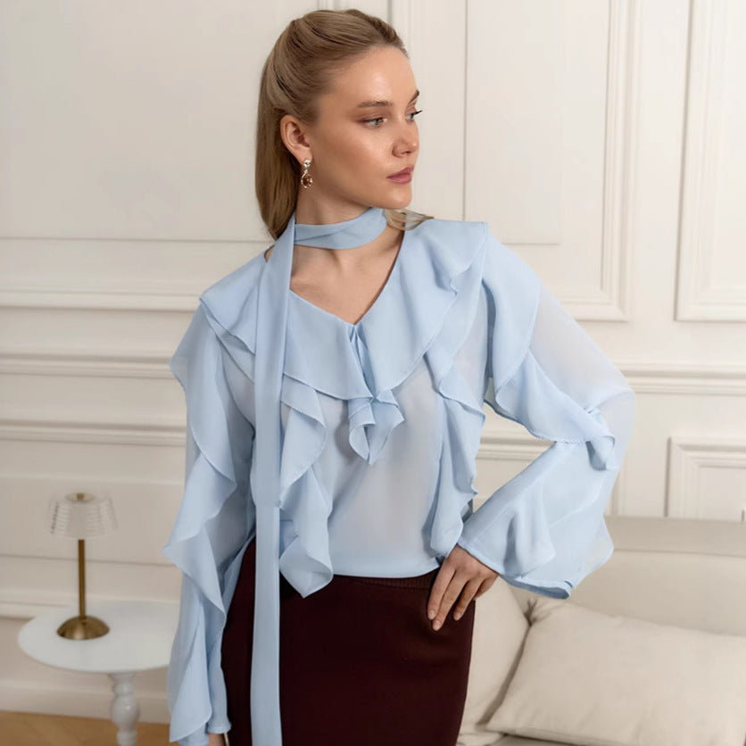 Spring Summer Comfortable V neck Flounce Long Sleeve Loose Shirt Design Office All Matching Top