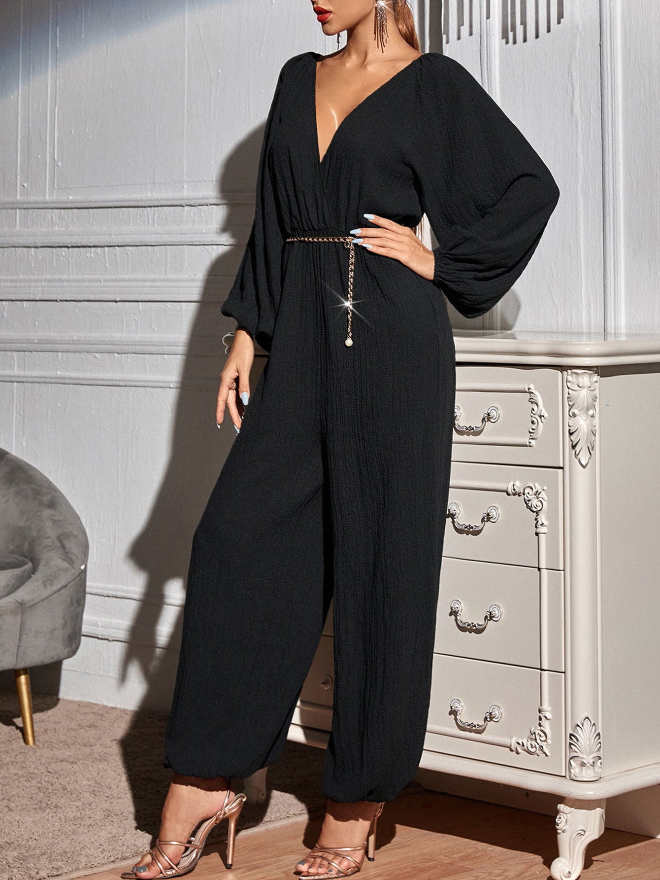 Sexy V-neck Backless Long Sleeves Jumpsuit Summer Women Clothing Trousers