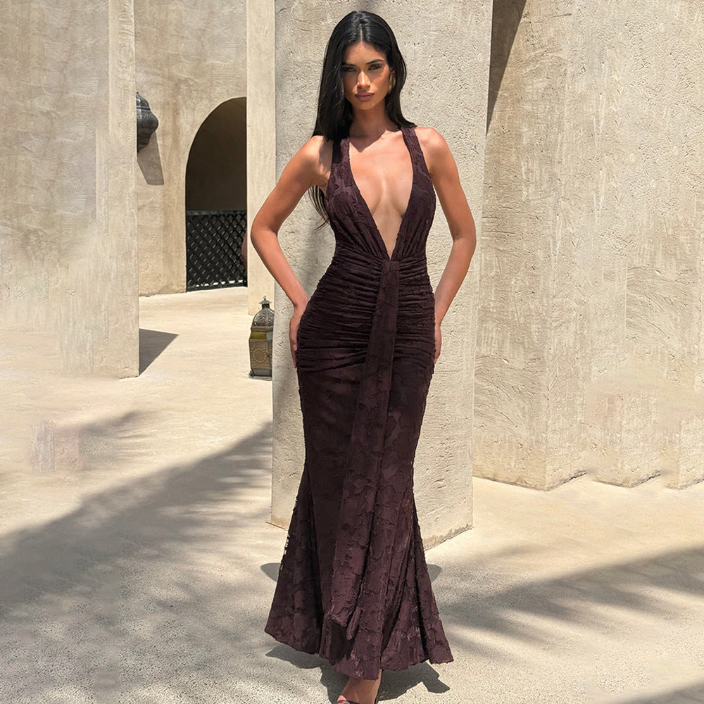 Lace Pleated Maxi Dress Women Sexy Deep V Plunge neck Backless Sheath Dress