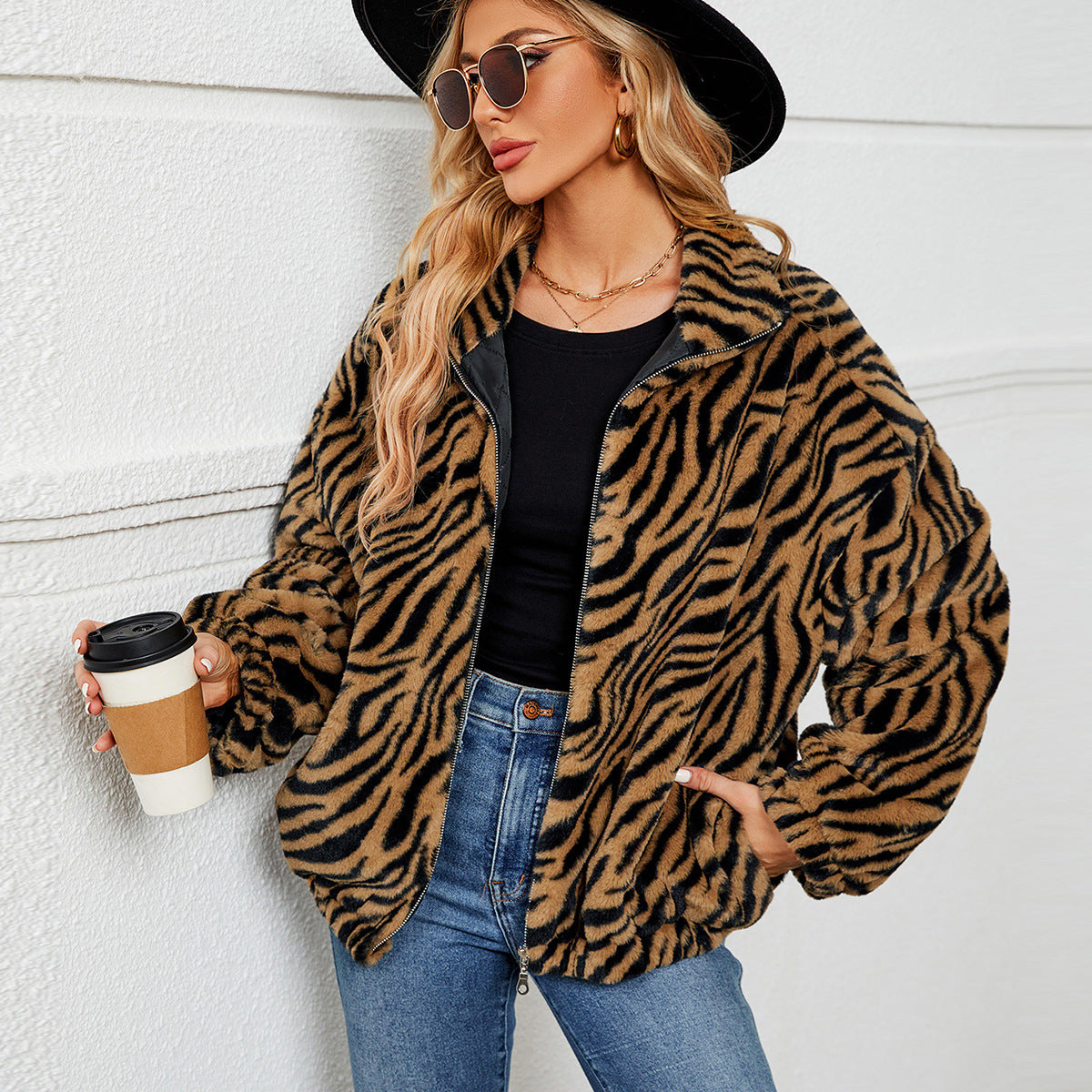 Zebra Pattern Plush Stand Collar Zipper Coat Faux Fur Coat Jacket