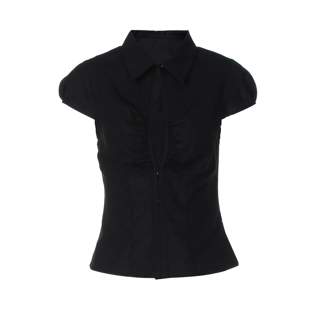 Women Clothing Autumn Winter Sexy Cardigan Breasted Collared Short Sleeve T shirt Top