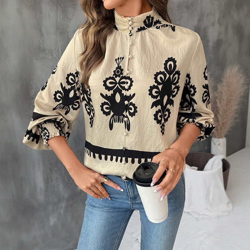 Autumn Cardigan with Buttons Stand Collar Retro Ethnic Print Long Sleeve Shirt