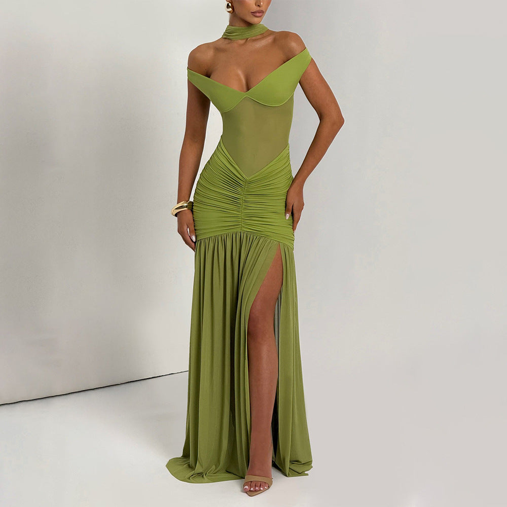 Summer Sexy Tube Top Backless Dress Mesh Pleated Slit Dress