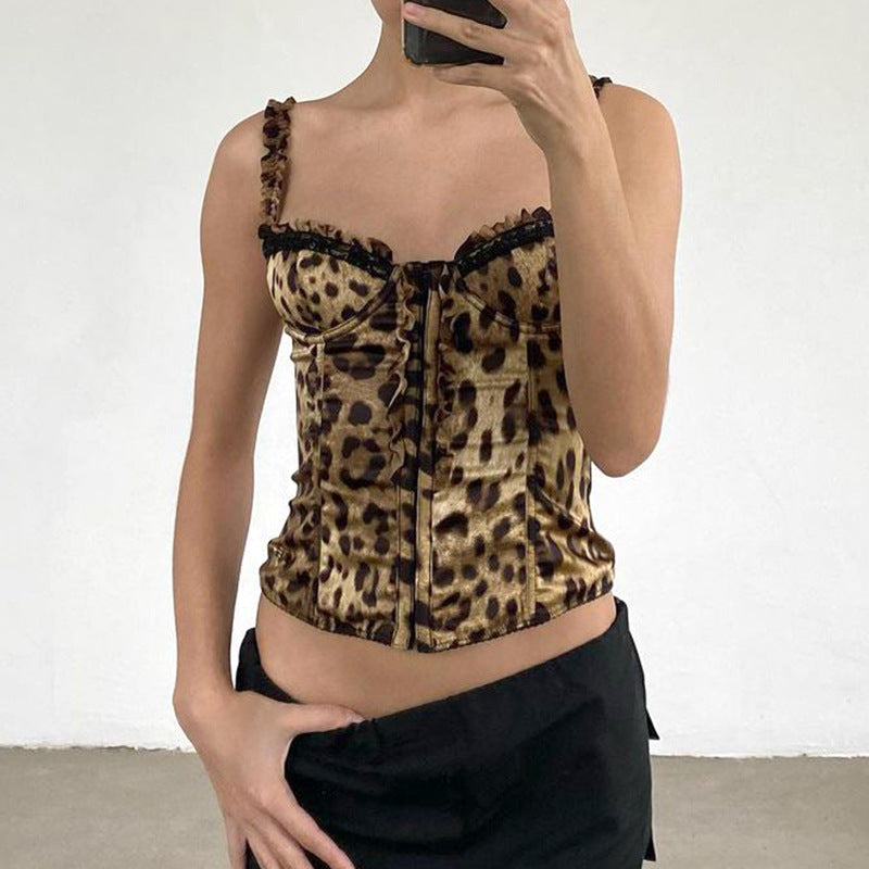 Retro Sexy Leopard Print Lace Pleated Sling Drawstring Slim Fit Top Wooden Ear Contrast Color Slim Fit All Match Vest