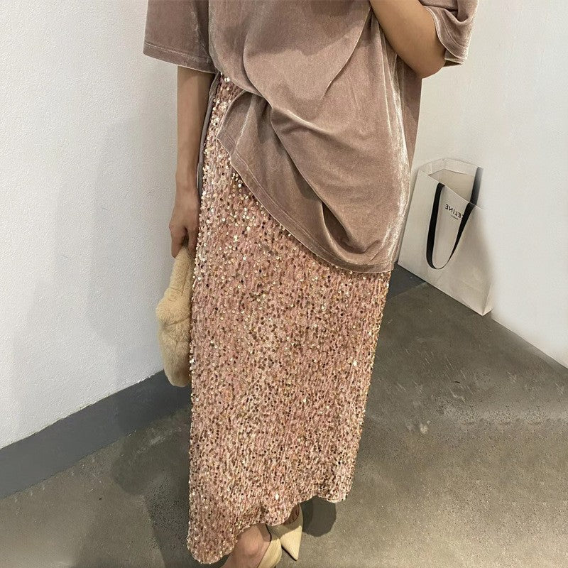 Falda de lentejuelas adelgazante de cintura alta para mujer, cintura elástica, abertura en la espalda, falda larga recta elástica