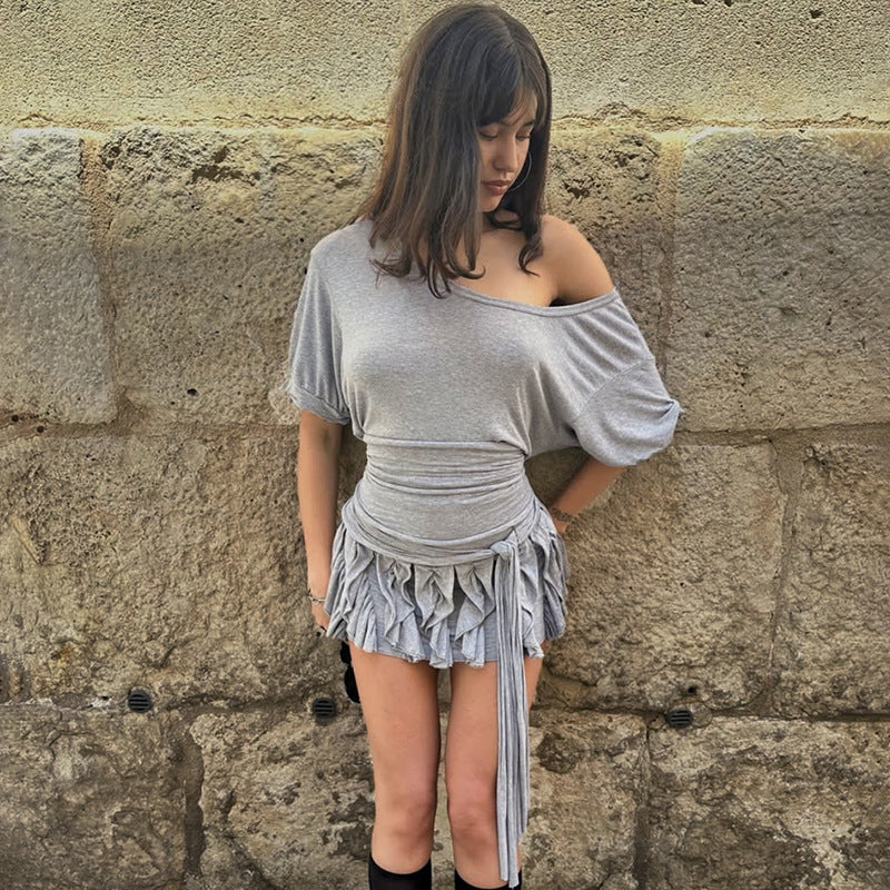 Summer Women Clothing Solid Color Personalized Bandage Diagonal Collar Slim Sexy Package Hip Short Sleeve Dress