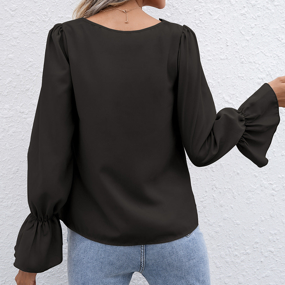 Autumn Elegant V-neck Hollow Out Hollow Out Cutout Lace Long Sleeve Shirt for Women
