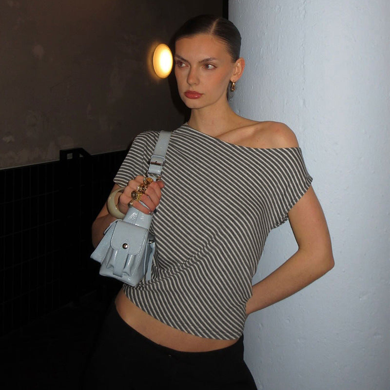 Striped Diagonal Collar Short Sleeved Top Summer Sexy Personality Shoulder Baring Irregular Asymmetric T shirt