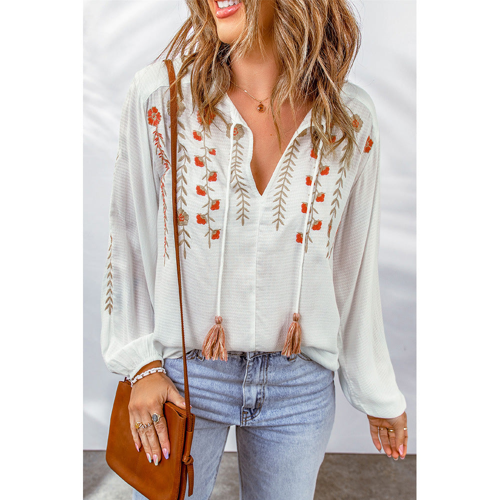 Floral Embroidered V neck Pullover Shirt Women Tassel Lace up Long Sleeve Chiffon