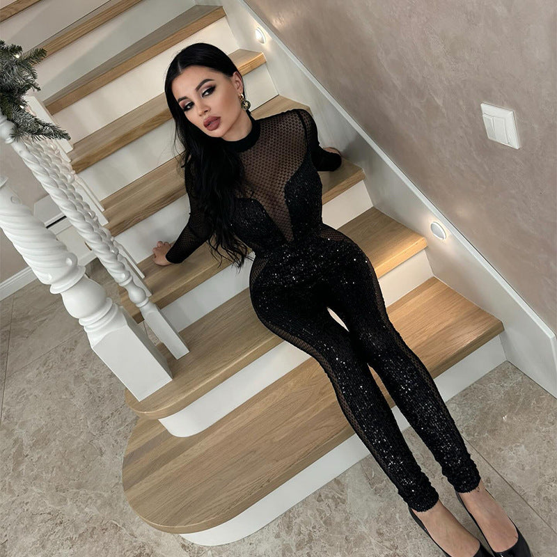 Women Clothing Grid See through Stitching Fashionable Sequ Sexy Long-Sleeved Trousers Jumpsuit