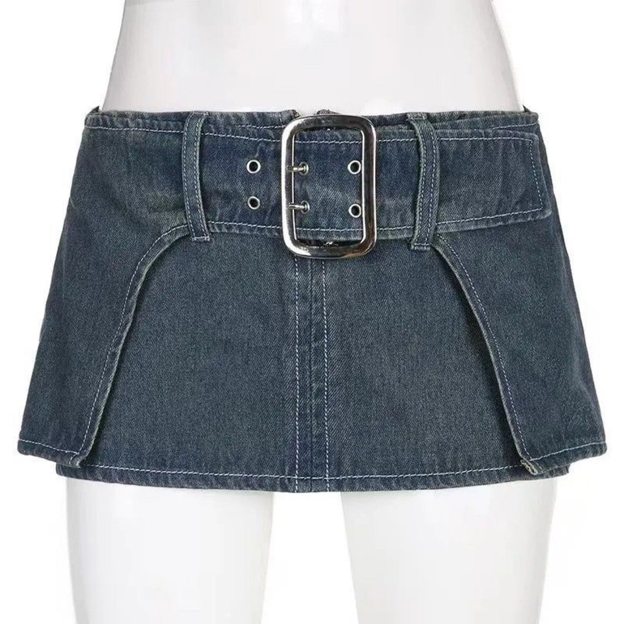 Falda vaquera ultracorta de dos capas con diseño personalizado y sexy, con cintura desgastada y gran botonadura, que levanta la cadera.