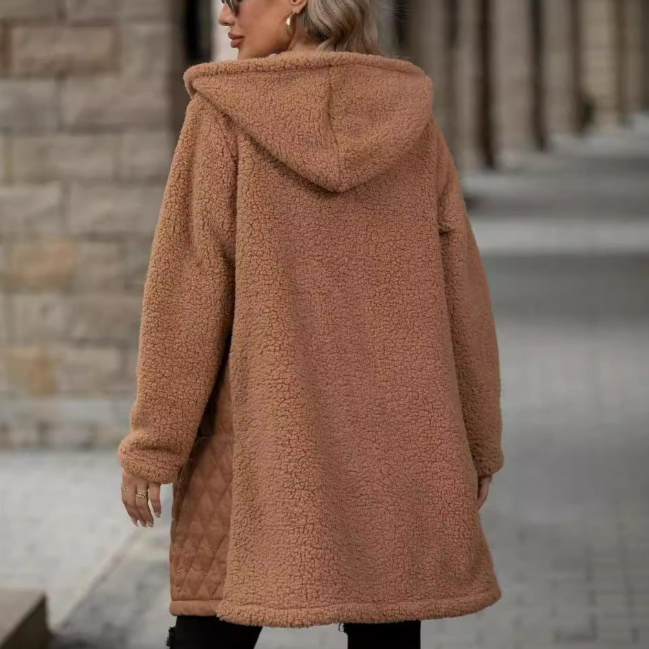 Manteau d'automne-hiver pour femme, ample, à capuche et fermeture éclair, en peluche.
