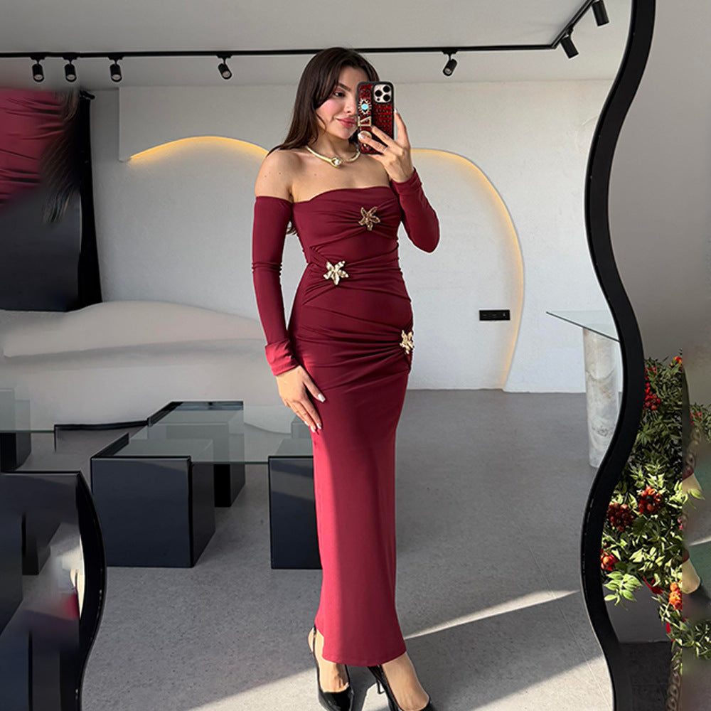 Pleated Long Sleeved Women Dress Fashionable Sexy Sheath Slim Fit Dress