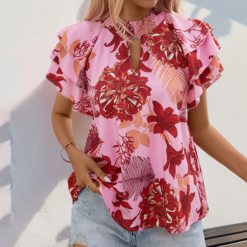 Summer Women Lotus Leaf Layered Sleeve Printing Shirt Women