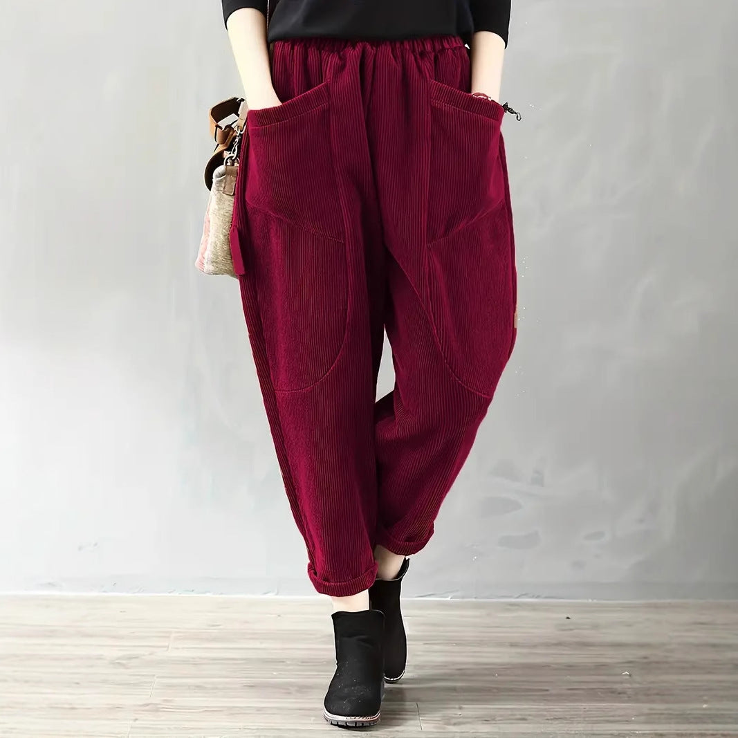 Corduroy Harem Pants Autumn Winter Solid Color Artistic Vintage Women Clothing Loose Pockets Casual Pants