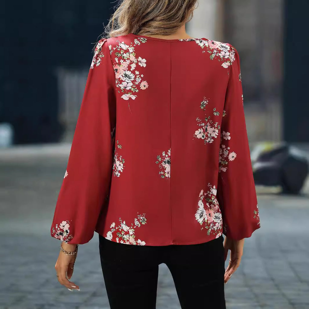 Women Clothing Best Seller Elegant Spring Autumn Lantern Sleeve Printing Long Sleeve Women Shirt
