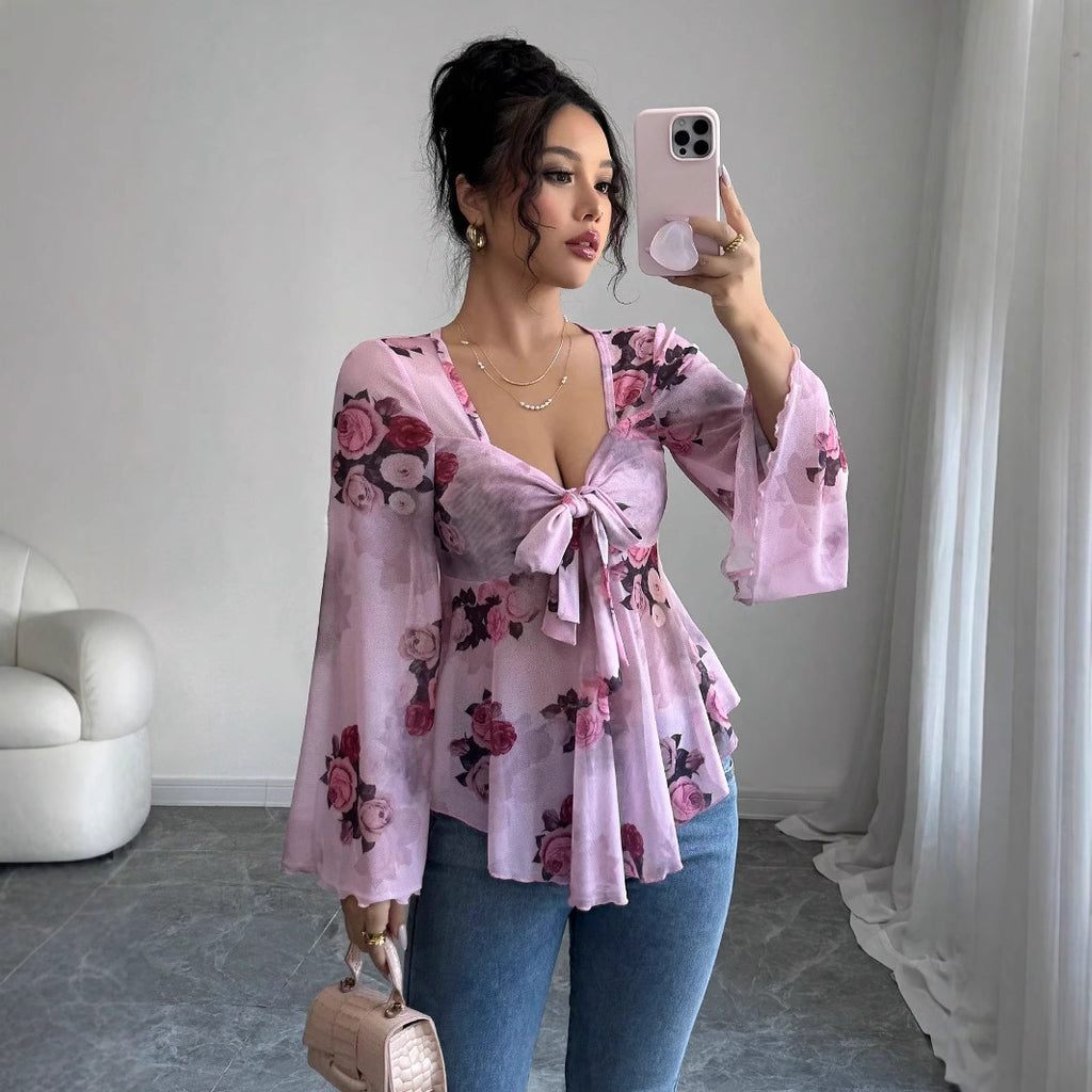 French Sweet Floral Blooming Lace up Square Collar Long Sleeve Shirt