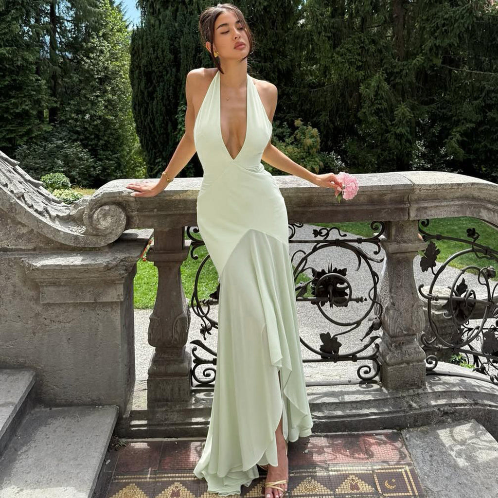 Women Clothing Summer Elegant Sexy Deep V Plunge neck Mesh Stitching Backless Slim Fit Dress Women
