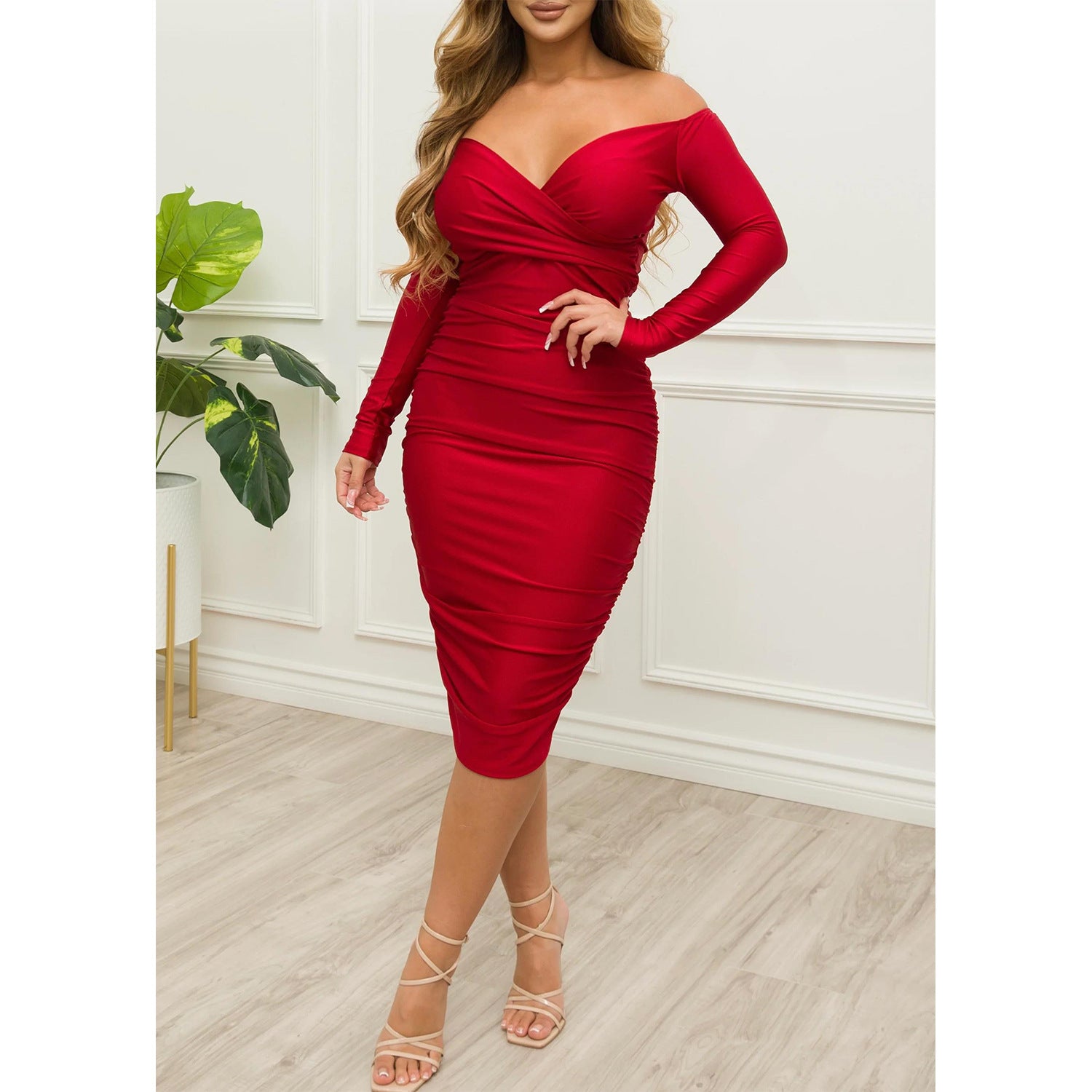 Autumn Winter Women Clothing Sexy Off The Shoulder Ruffle Hip Long Sleeve Dress